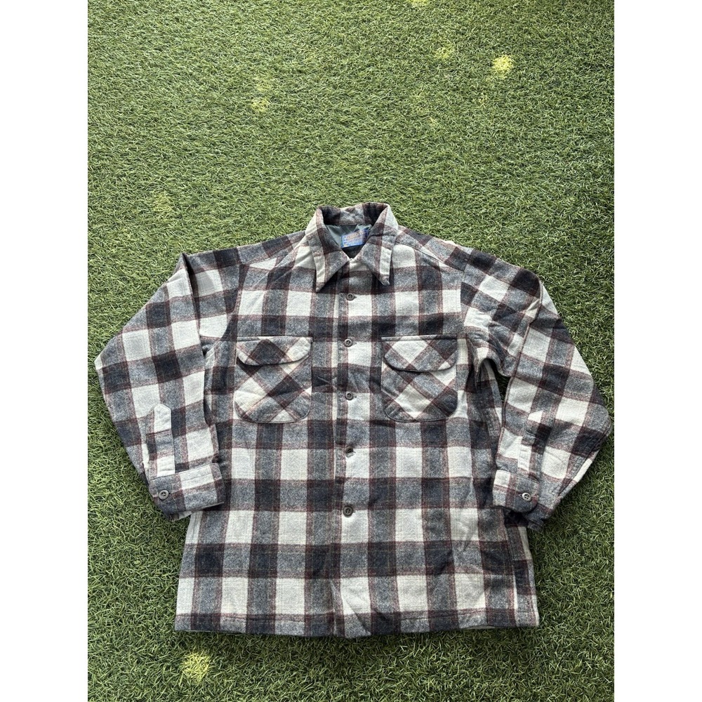Vtg Pendleton Board Flannel Wool Plaid Loop Collar Shirt Sz M Brown Beige Surfer